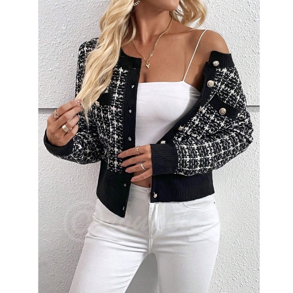 Black Plaid Button Up Cardigan Knit Long Sleeve Chest Pockets - Picture 4 of 12